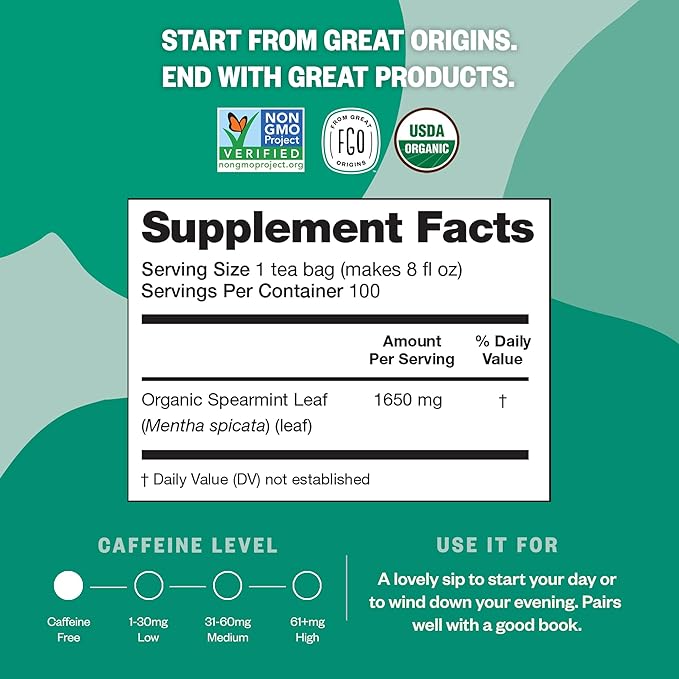 FGO Organic Spearmint Leaf Tea, 100 Count, Eco-Conscious Tea Bags, Caffeine Free, Resealable Bag, Packaging May Vary (Pack of 1)