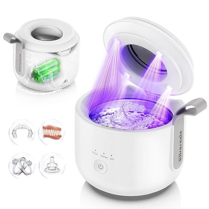 Ultrasonic Retainer Cleaner Machine: 48kHz Rechargeable Cordless Denture Cleaner - Waterproof Ultrasonic Jewelry Cleaner - 200ML Dental Cleaning Pod for Mouth Guard, Aligner, White