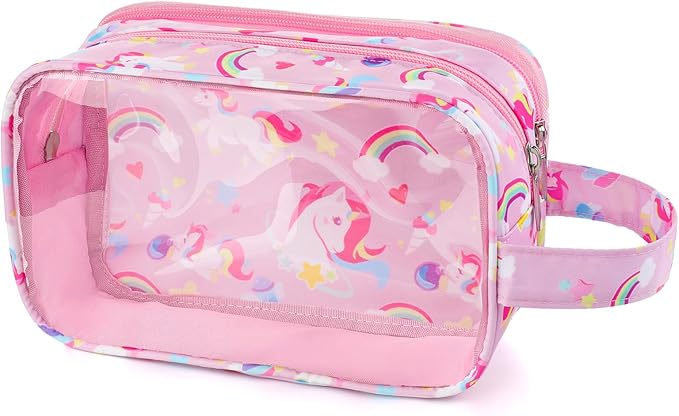 Kids Toiletry Bag for Girls, Travel Clear Toiletry Bag for Little Young Girls Cosmetic Bag Makeup Bag Waterproof Hanging Toddler Wash Bag, Pink Unicorn