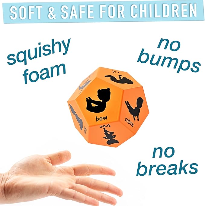 Yoga Dice - Yoga for Kids, Pose and Play Peaceful Kids Stretching Gymnastics Games and PE Equipment for Elementary School, Kindergarten, and Preschool, 12-Sided Foam Large Dice for Children