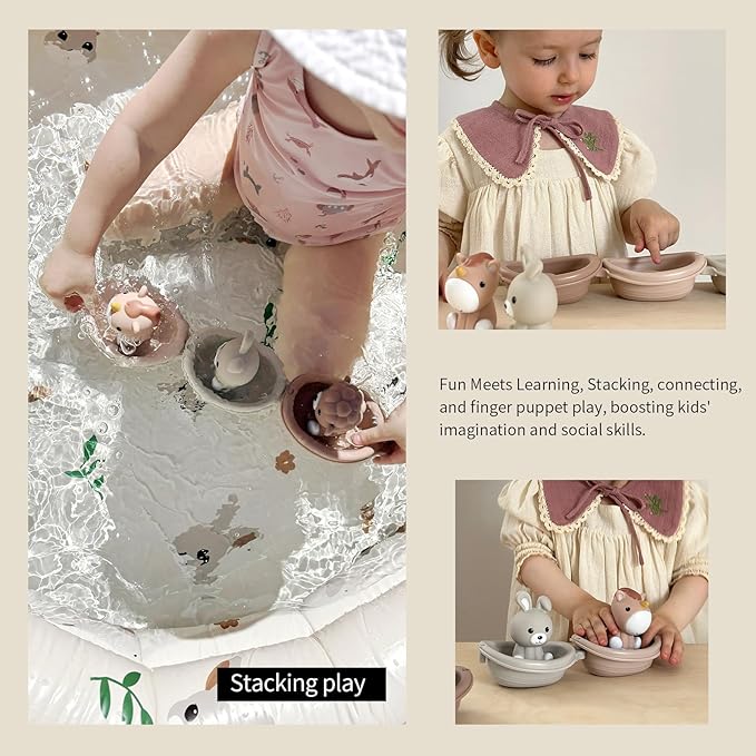 Nueplay Bathtub Toys for Toddlers 18M+，Baby Bath Toys with Animal Finger Puppets，Stackable Boat Train，Gift for Baby & Toddlers Set of 6