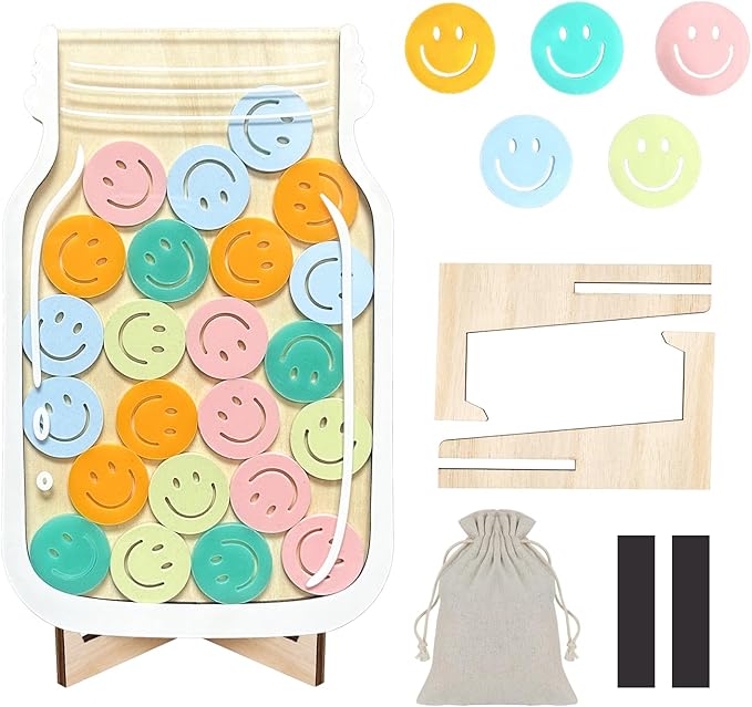 Reward Jar for Kids – Magnetic Wooden Behavior Chart and Incentive Jar with 25 Tokens, Stickers, Stand & Magnet – Positive Reinforcement Tool for Home, Toddlers or Classroom (Smiley – V2)