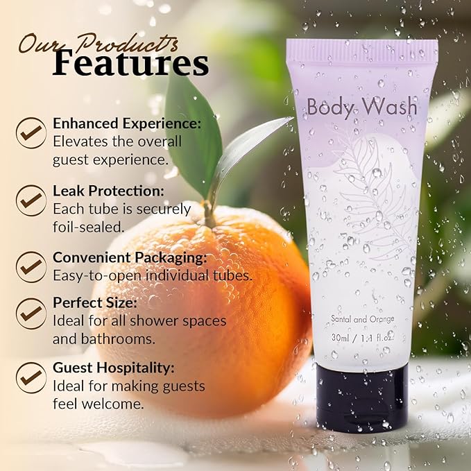 Leak-Proof Travel Size Body Wash 1 Oz Each Pack of 200 Bulk Pack Santal and Orange Scent Hotel Body Wash Amenities and Toilteries for Hospitality