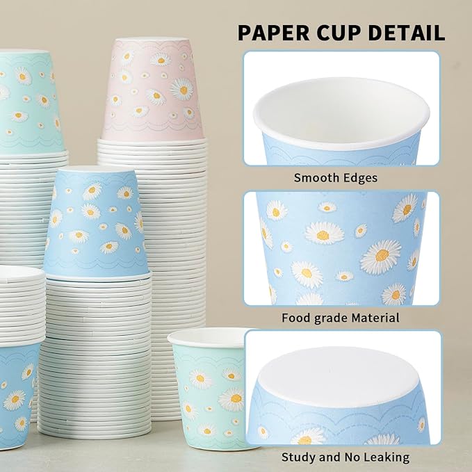 Tamone 600 Pack 3 oz Paper Cups, Small Bathroom Cups, Disposable Cups, Mini Paper Cups Daisy Design Pink, Blue, Mouthwash Cups for Party, Picnic, BBQ, Travel, Home and Event