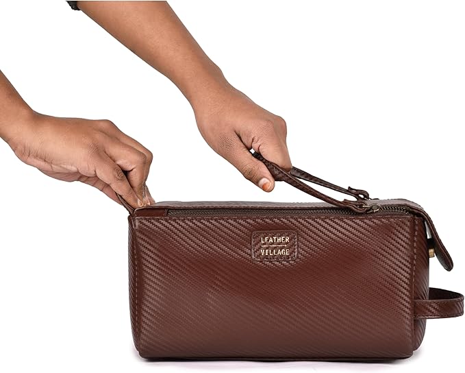 LEATHER VILLAGE Premium Carbon Fiber Genuine Leather Travel Toiletry Bag - Large Compact Dopp Kit, Water-Resistance Shaving & Cosmetic Organizer for Men & Women - Brown