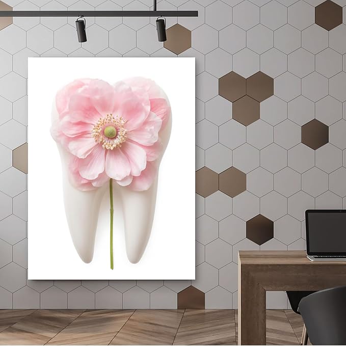 SchindlerBang Dental Implant Watercolor Print,Pink Flower Tooth Illustration,Vibrant Canvas Art,Modern Clinic Decor,16x20inch Framed Painting Ready to Hang