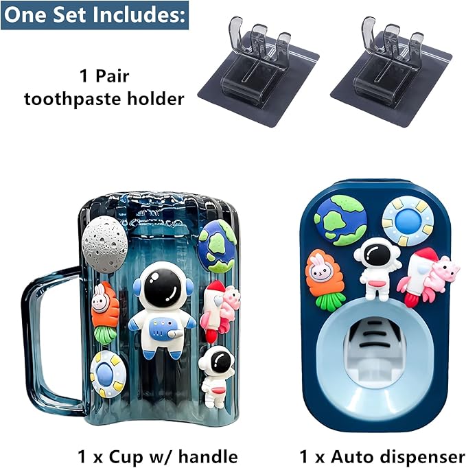 Automatic Toothpaste Dispenser & Toothpaste Holders and Wall Mounted Cup 3 Piece in a Set, is Wall Mounted for Bathroom,Toothpaste Squeezer for Kids & Family Shower by Mr. Thumbs(Navy Blue Set)