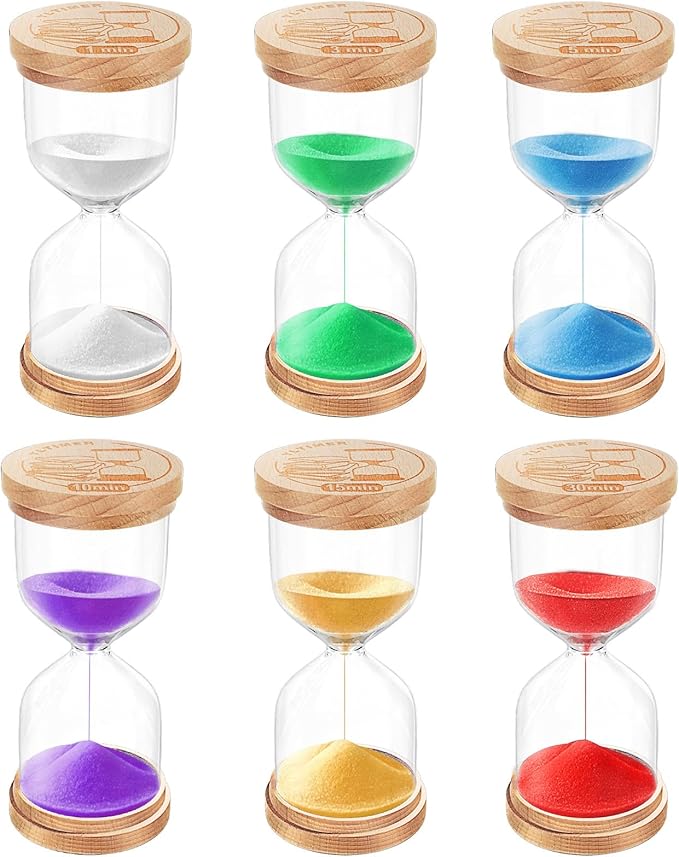 Sand Hourglass Timer Set: 1/3/5/10/15/30 Minutes Sand Clock, Colorful Wooden SandWatch Hour Glass, Small Sandglass Timer for Classroom, Home Decorative, Games (6 pcs)