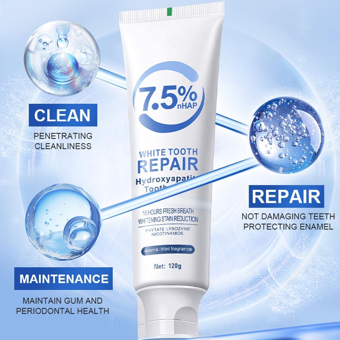 7.5% Hydroxyapatite Toothpaste for Enamel Protection, Fluoride-Free Formula with Gentle Mint, for Sensitive Teeth, Daily Protection, Long-Lasting Fresh Breath, 4.23 Oz (3)