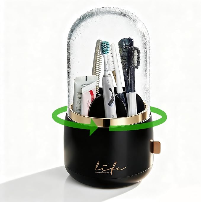 bubooo 360° Rotating Toothbrush Holder for Bathroom - Non-Slip Space-Saving 7-Slot with Cover & Drainage, Electric Toothbrushes/Toothpaste/Razor Organizer for Counter Vanity (black)