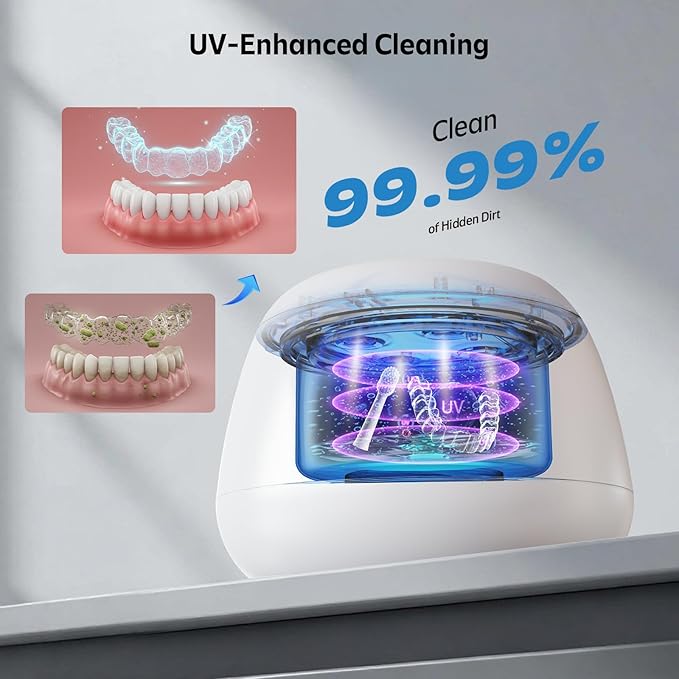 Ultrasonic Retainer Cleaner Machine 48kHz Denture and Aligner Cleaning Pod for Mouth Guards Night Guards Dental Trays Braces Toothbrushes Jewelry with 200ML Capacity (Pink)