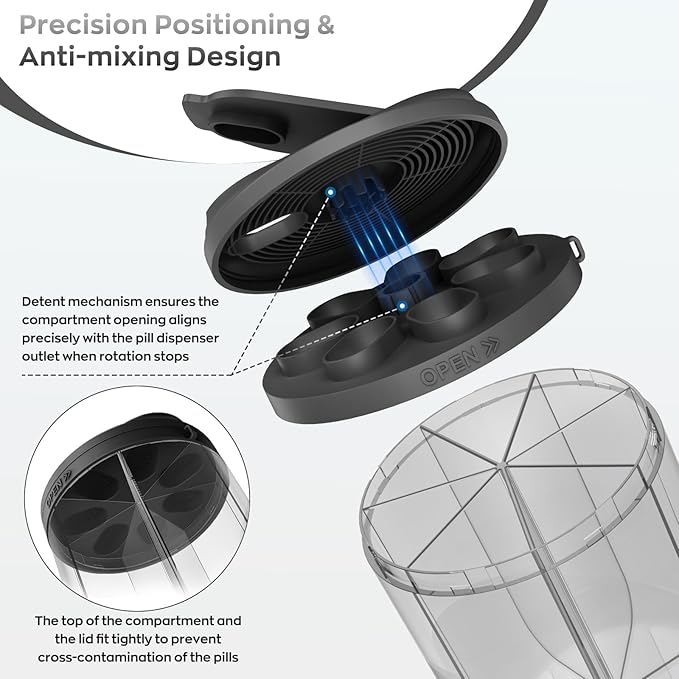 Pill Dispenser with 7 Large Compartments, Pill Organizer for Travel, Supplement Organizer with Anti-Mixing Design, BPA-Free Pill Container with 20 Pcs Labels, Black