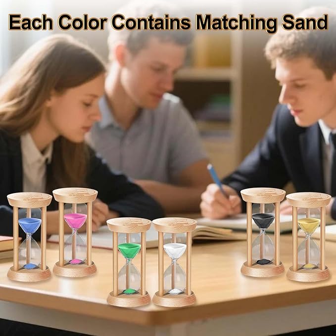 Sand Hourglass Timer Set: 30 Sec/1/2/3/5/10 Minutes Wooden Sand Clock, Colorful SandWatch Hour Glass, Small Sandglass Timer for Classroom, Home Decorative, Games (6 pcs)