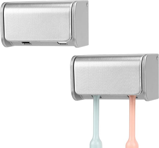 2 PCS Toothbrush Holder Wall Mounted with Cover for Bathroom, 2 Slots Toothbrush Storage Organizer for Shower, Self Adhesive Toothbrush Hanger Rack for Dorm, Cabinet (Brushed Silver)
