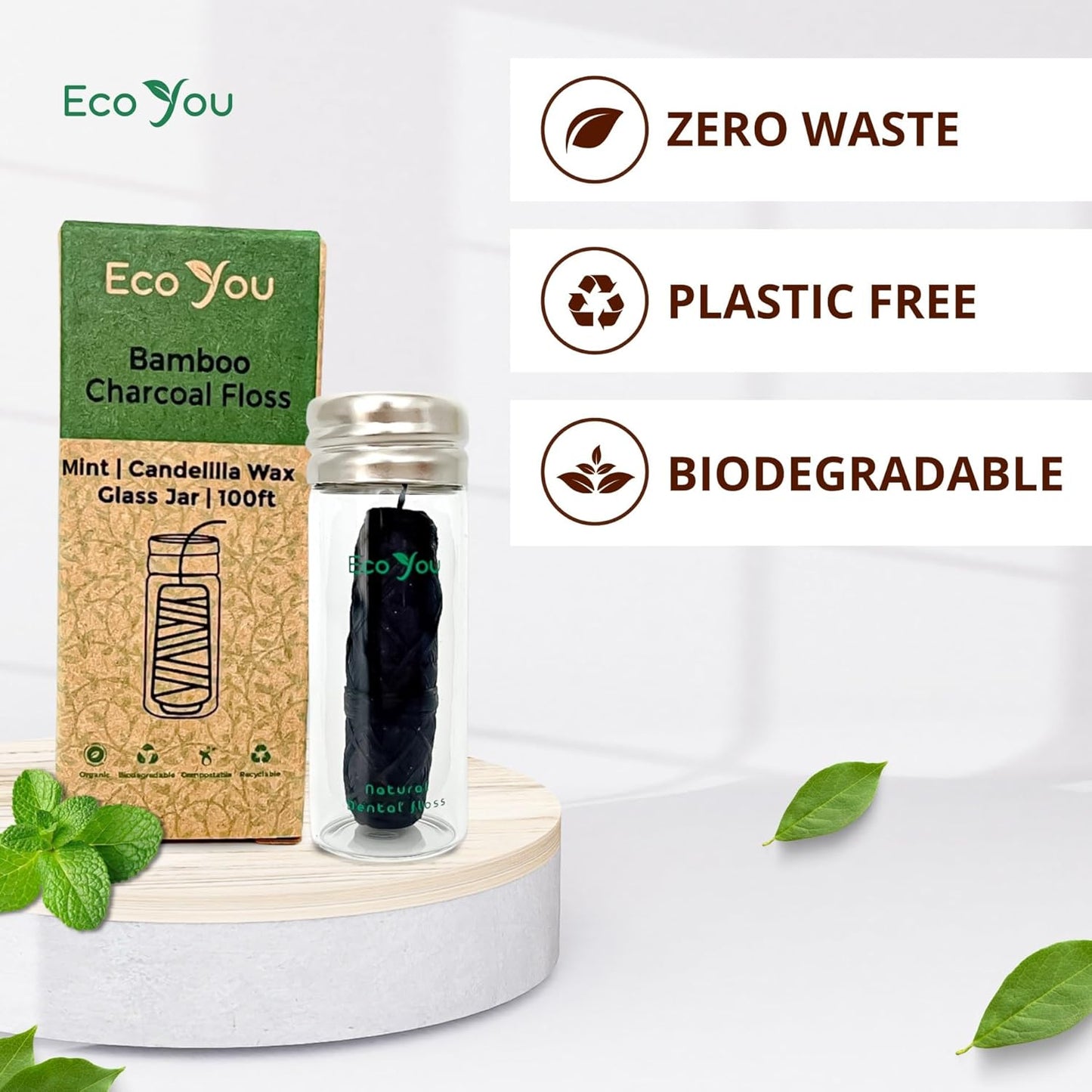 Charcoal Bamboo Floss | 1 Non Toxic Natural Floss Refill with Glass Container | Organic Mint & Candelilla Wax | Vegan & Biodegradable | Compatible with Similar Size Dental Silk Containers