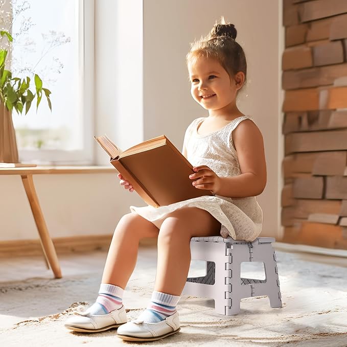 Dyforce 9" Folding Step Stool for Kids and Adults, Collapsible Light-Weight Foot Stools Foldable for Toddler, Kitchen, Bathroom, 300 lb Capacity (Grey)