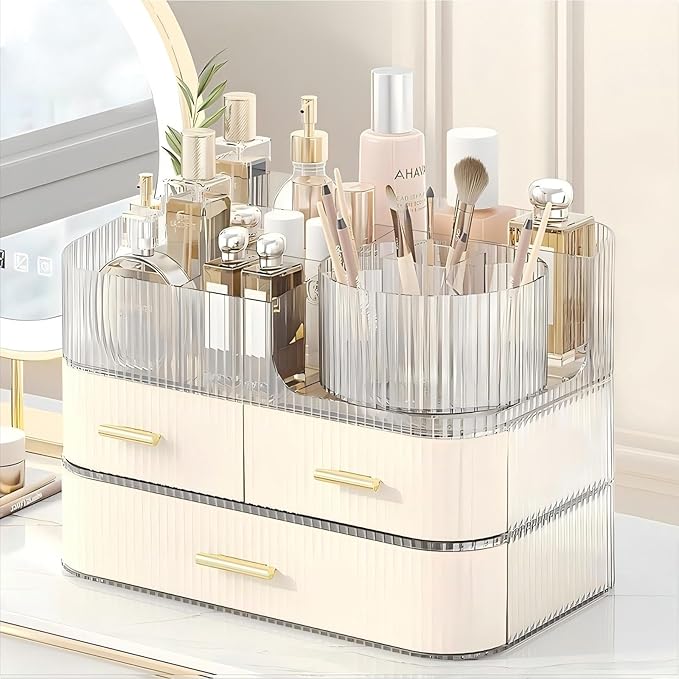 DASITON Makeup Organizer with Drawers and Rotating Makeup Brush Holder,Large Capacity Stackable Cosmetic Organizer Countertop,Bathroom Organizers and Storage,Make up Organizers for Vanity (Cream 03)