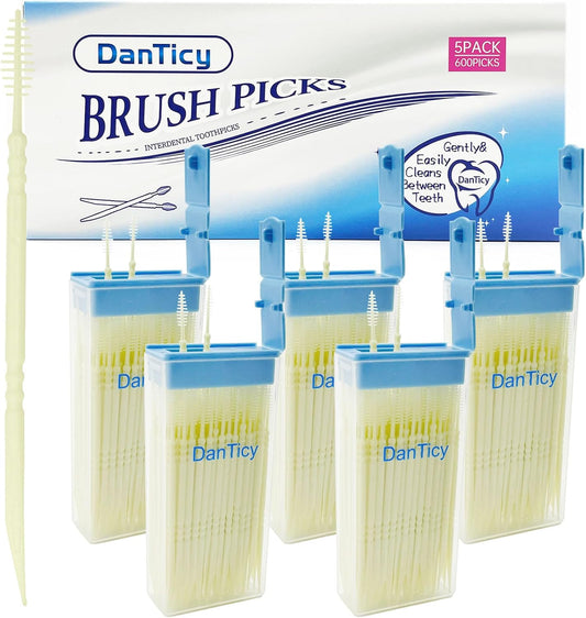 Brushpicks Interdental Toothpicks,Soft Bristle Dental Floss Picks Toothpicks,Helps Removes Plaque and Debris Between Your Teeth 600PCS (Pack of 5) Coconut