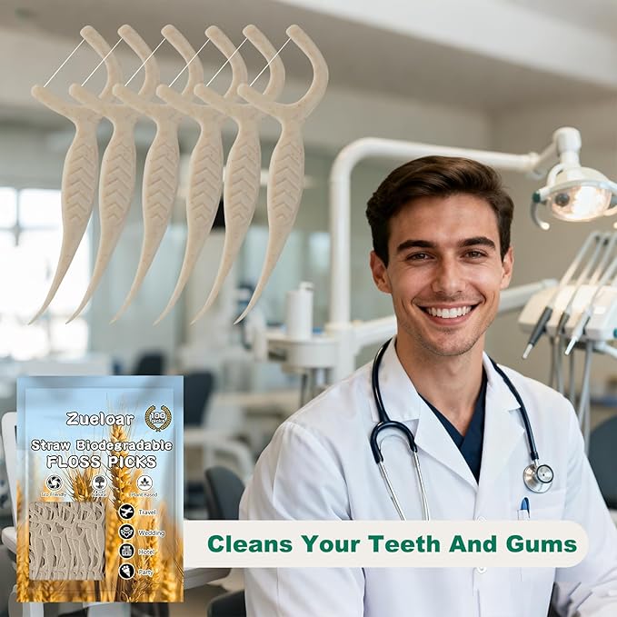 Straw Biodegradable Dental Floss Picks 300 Count,Zueloar Eco Friendly Natural Vegan Plant Based Floss Sticks,Tooth Flosser Clean for Adults Kids Oral Gum Care (300)