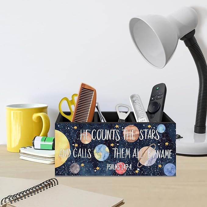 Space Christian Pen Pencil Holder for Desk, Space Nursery Decor, Navy Blue Solar System Bible Verse Decorative Sign for Toddler Nursery Kids Boys Room Desk Tabletop Decor