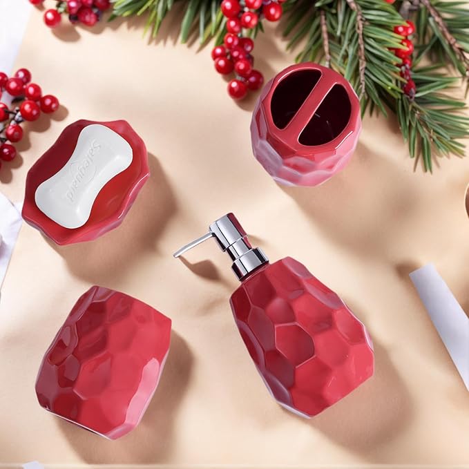Ceramic Bathroom Accessories Set 4 PCS,Bathroom Toothbrush Holder Set,Soap and Toothbrush Holder Set,Include Toothbrush Holder,Soap Dispenser,Tumbler,Soap Dish,Bathroom Sets Decor Organizer (Red)