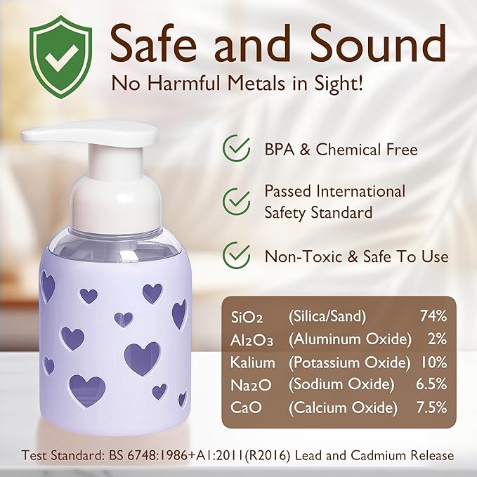 SoCal Suds & Company Glass Foaming Hand Soap Dispenser, Heart Silicone Sleeve, Refillable Pump Bottle for Kids, Baby Wash & Shampoo, Ideal for Home Use, Soft Purple 8oz