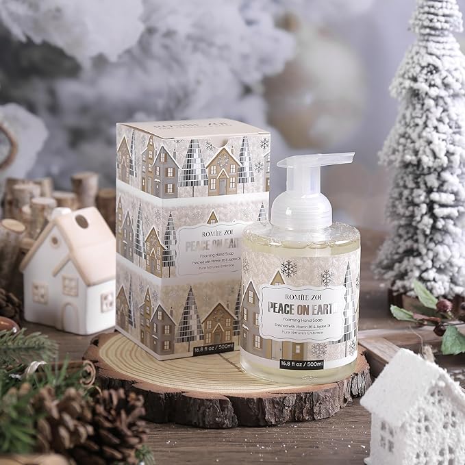 ROMIIE ZOI Christmas Foaming Hand Soap with Gift Box- Peace of Earth Design, Cozy Cypress Scented - Holiday Bathroom Soap for Winter Home Decor, Stocking Stuffer, and Gift – 500ml / 16.8oz