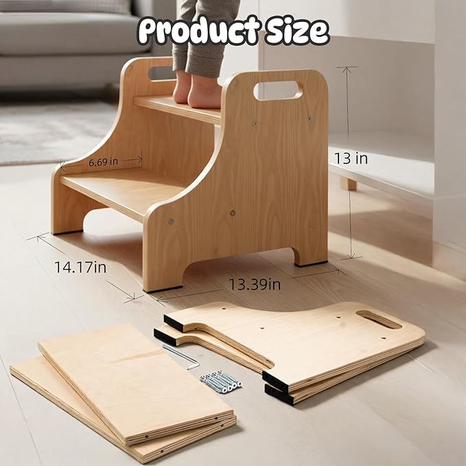 Toddler Step Stool for Kids, Toddler Kitchen Stool Helper with Handles & Non-Slip Pads, Wooden 2-Step Stool for Toddlers for Bathroom Sink, Potty Training, Kitchen & Bedroom 300lbs Capacity(Natural)