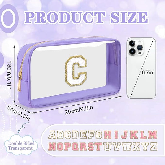 Small Clear Personalized Initial Makeup Bag,Nylon Preppy A-Z Chenille Letter Patch Cosmetic Pouch Beach Toiletry Bag,Waterproof Zip Travel Purse Storage Bag Organizer for Women Girls(Purple-White C)