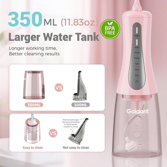 350ML Water Dental Flosser Teeth Pick with Travel Bag, 5 Modes Portable Cordless Oral Irrigator Cleaner, Electric Rechargeable IPX7 Waterproof for Home Travel Teeth Cleaning flossing (Pink)