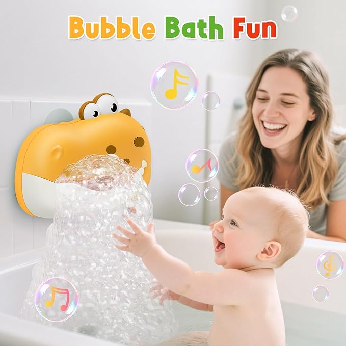 Baby Bath Toys, Rechargeable Dinosaur Bath Bubble Machine with Music, Bathtime Bathtub Toys for Toddlers Christmas Birthday Gifts, Bubble Maker Toys for Kids Ages 1-3 4-8 Baby Gifts (Yellow)
