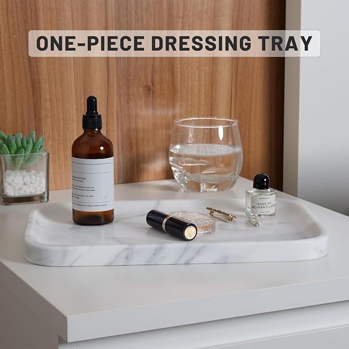 Statuario Marble Vanity Tray - Decorative Organizer for Bathroom Countertop, Dresser, Kitchen Sink