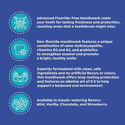 SuperMouth® Fluoride-Free Mouthwash – Nano-Hydroxyapatite, Vitamins D3 & K2, Prebiotics, Alkaline pH 8.5, Alcohol-Free, Freshens Breath, Safe Clean Ingredients, 4 Flavor Options