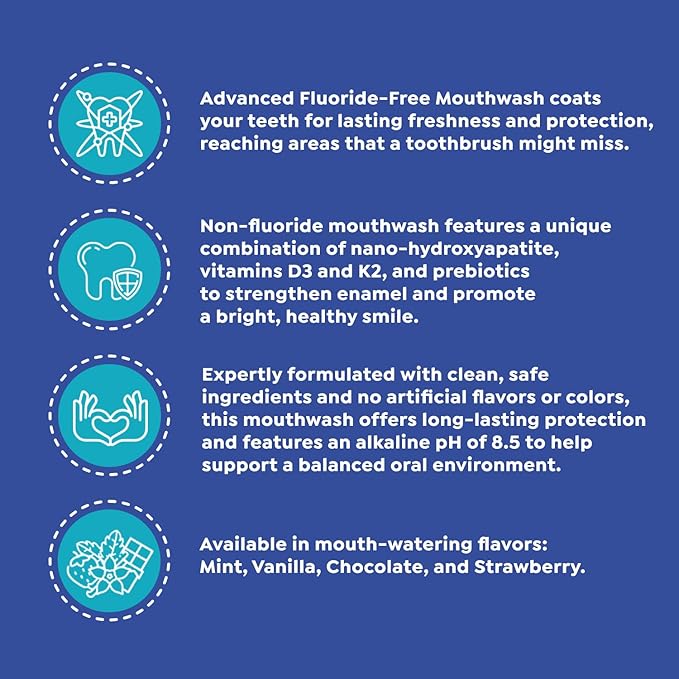 SuperMouth® Fluoride-Free Mouthwash – Nano-Hydroxyapatite, Vitamins D3 & K2, Prebiotics, Alkaline pH 8.5, Alcohol-Free, Freshens Breath, Safe Clean Ingredients, 4 Flavor Options