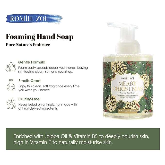 ROMIIE ZOI Christmas Foaming Hand Soap with Gift Box- Merry Christmas Design, Infused with Fresh Balsam Fir Scent -Holiday Bathroom Soap for Winter Decoration and Gifting – 500ml / 16.8oz