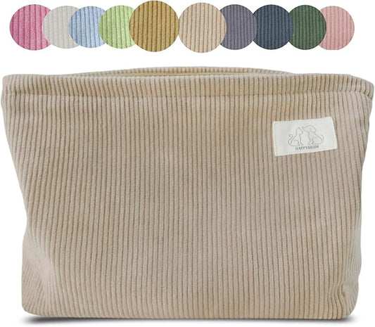 HAPPYHEIDI Creamy Light Khaki Corduroy Makeup Bag Cosmetic Toiletry Travel Pouch, Make Up Accessory Purse Organizer, Canvas Lined