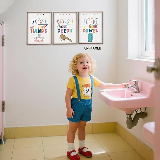 Wash Your Hands Sign Bathroom Decor for Kids - 12x16 Inch Each x3 Canvas Wall Art for Toddler Decor, Frameless Kids Bathroom Wall Art with Quotes, Waterproof and Easy to Clean, for Room Decoration