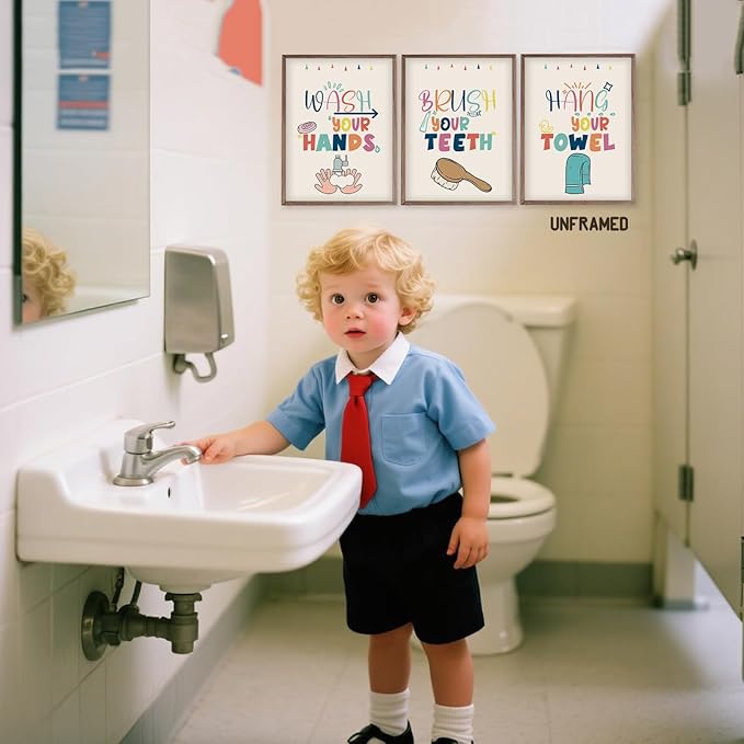 Wash Your Hands Sign Bathroom Decor for Kids - 12x16 Inch Each x3 Canvas Wall Art for Toddler Decor, Frameless Kids Bathroom Wall Art with Quotes, Waterproof and Easy to Clean, for Room Decoration