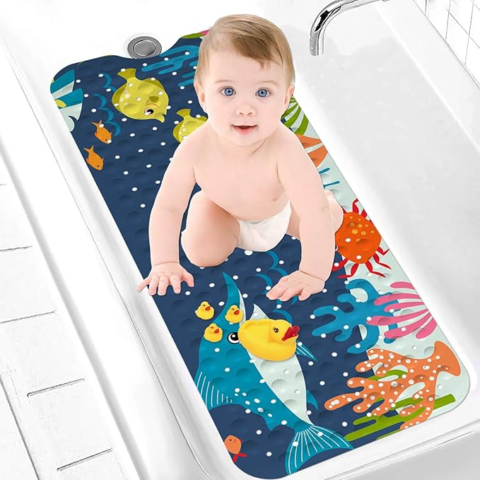 LNOND Bath Mat for Tub for Kids, Ocean Sharks Bathtub Mat, Kids Bath Mats for Bathroom Non Slip with Drain Holes and Suction Cups,Machine Washable (40 X 16 Inch)