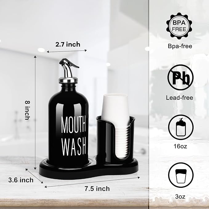 Glass Mouthwash Dispenser with Cup Holder,BYAWAY Mouthwash Set for Bathroom,16 OZ Refillable Mouthwash Bottle Container with 14 Mouthwash Cups,Funnel (Black)