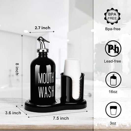 Glass Mouthwash Dispenser with Cup Holder,BYAWAY Mouthwash Set for Bathroom,16 OZ Refillable Mouthwash Bottle Container with 14 Mouthwash Cups,Funnel (Black)