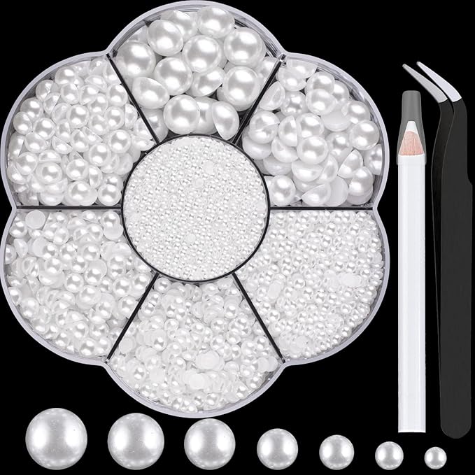 Nail Art Flat Back Half Round Pearl Kits 3, Mixed Sizes 6000 Pcs White Small Pearls for Nails with Picking Tools for Graduation Cap Decorations Home DIY Body Face Craft Salon Use