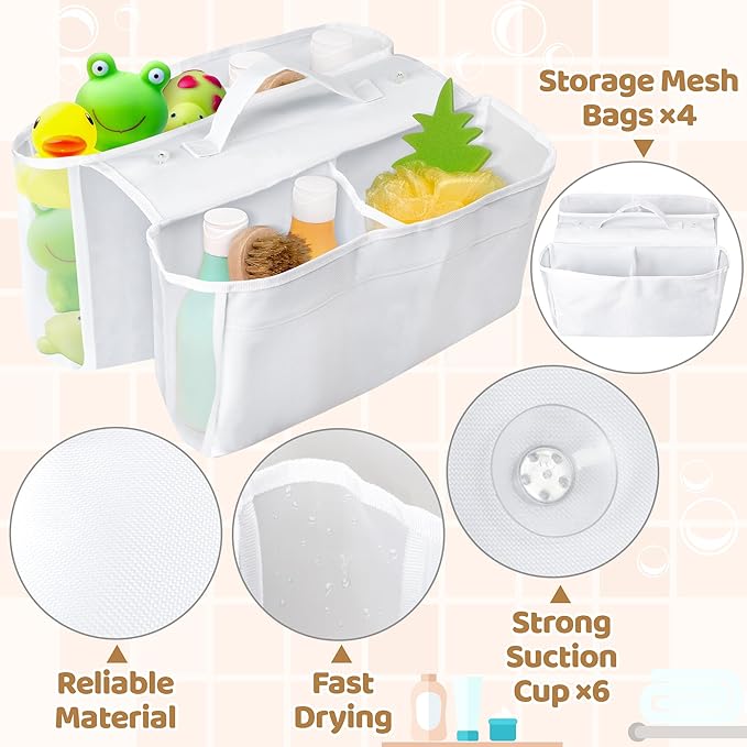 Bath Toy Storage Holder - Baby Bathtub Toys Organizer, Bathroom Bath Tub Mesh Sorting Net with 4 Compartments and Suction Cup, Double-pocket Shower Storage Quick-Drying Bag for Kids Toddlers