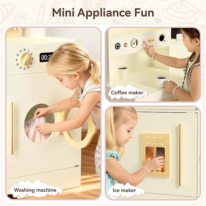 Play Kitchen for Toddlers with Felt Storage Boxes & Range Hook, Wooden Kids Kitchen Playset with Oven, Microwave, Ice Maker, Toy Kitchen Set with Coffee Maker for Girls & Boys Age 3+, Pink Curtains