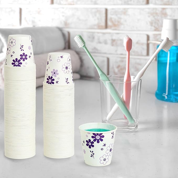 [600 Pack] 3oz Disposable Bathroom Cups, Paper Mouthwash Cups, Cold Disposable Drinking Cup for Party, Picnic, BBQ, Travel, and Event, Purple Floral