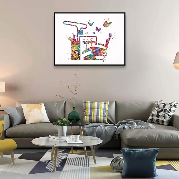 HFKSRJGW Dental Wall Art,Dentist Chair And Butterfly Watercolor Print Dental Tools Tooth Medical Art Teeth Clinic Decor Gift Dentist Dentistry Office Wall Art,12"x16"Framed Wall Art