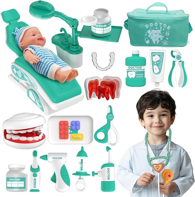 Toy Doctor Kit for Toddlers, Kids Dentist Play Set with Dentist Chair, Doll Toy, Stethoscope, Large Carrying Storage Bag, Dental Accessories, Pretend Doctor Play Medical Gift for Boys Girls(Green)