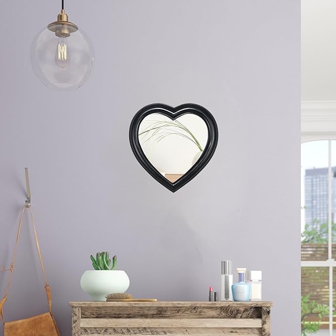 Heart Shape Makeup Mirror Wall Mounted Mirror with Hanging Hole for Home Room Decoration Birthday Gift Valentine's Day Gift for Girl,10.6x10.2inch(Black)
