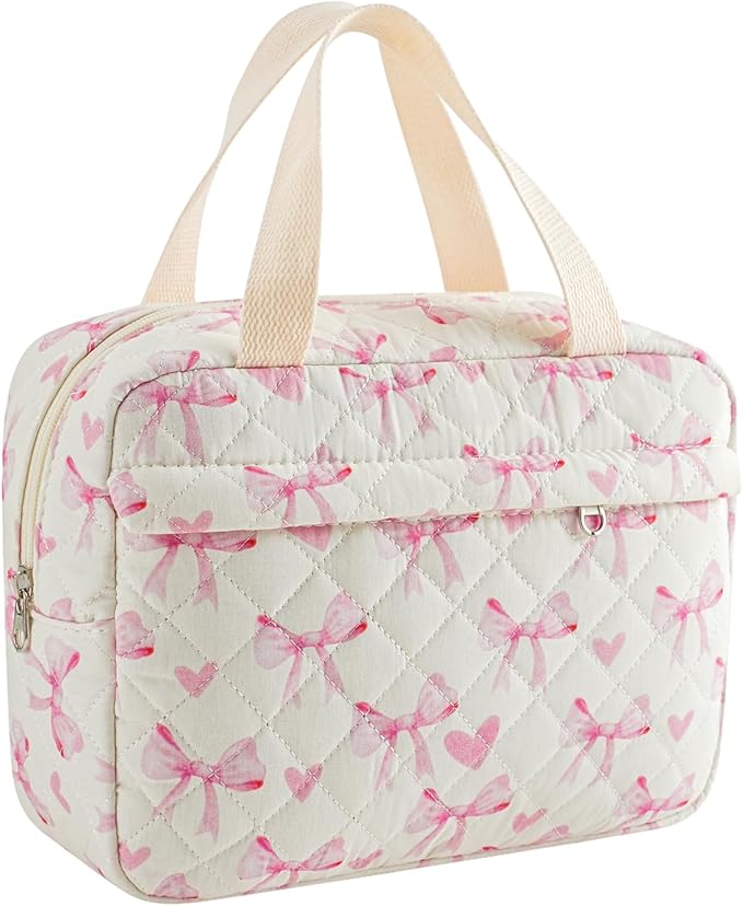 Large Size Quilted Coquette Makeup Bag, Cute Preppy Floral Cotton Travel Cosmetic Organizer Bag with Top Handle, Multi-Layer Travel Toiletry Pouch for Girls (08Heart Bow)