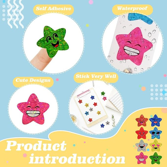 700Pcs Smiley Face Star Stickers for Kids Reward, 1inch 8 Colored Sparkly Foil Expression Stickers for Student Planner and School Classroom Teacher Supplies 3.15inch in Diameter per roll